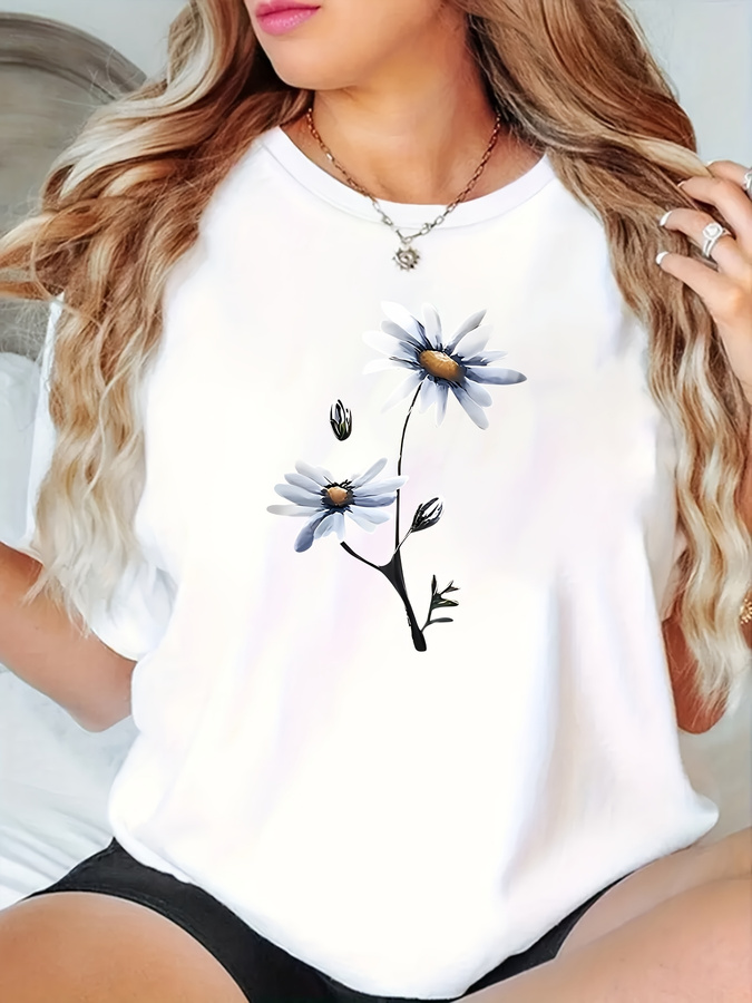 Summer 2025 Clothing Essentials - 데이지 플라워 프린트 티셔츠 캐주얼 대형