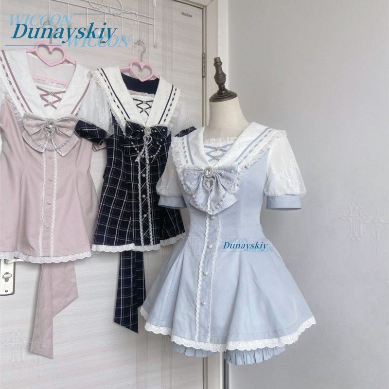 Summer Clothing Clearance - 세일러 칼라 드레스 세트 레이스 리본