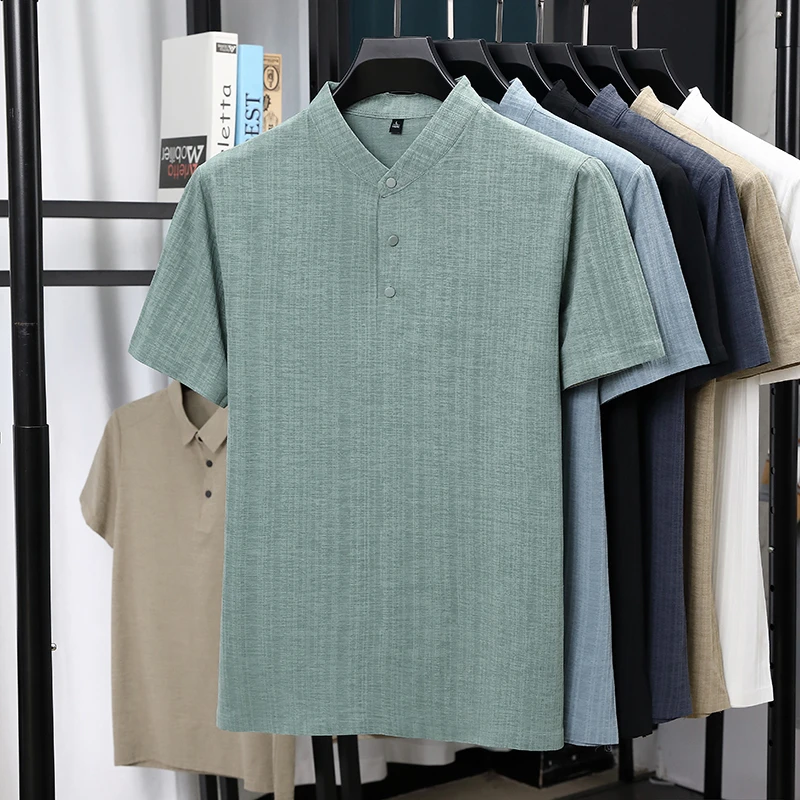 Summer Clothing Men Linen - 남성용 만다린 칼라 하프 플래킷 리넨