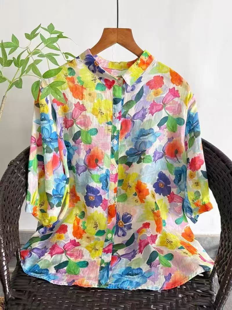 Summer Clothing Japan - 2026 퓨어 라미 프린트 셔츠 여성