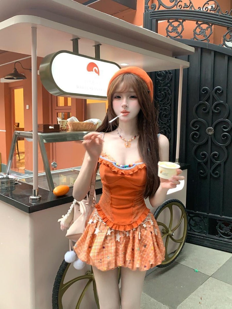 여름 신상 오렌지 도파민 스위트 스파이시 걸 레이스 캐 - Summer Clothing Girls 리뷰 및 가격