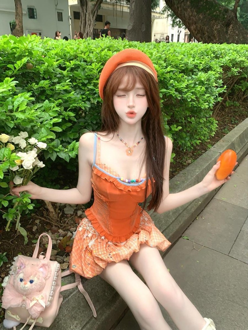 여름 신상 오렌지 도파민 스위트 스파이시 걸 레이스 캐 - Summer Clothing Girls 리뷰 및 가격
