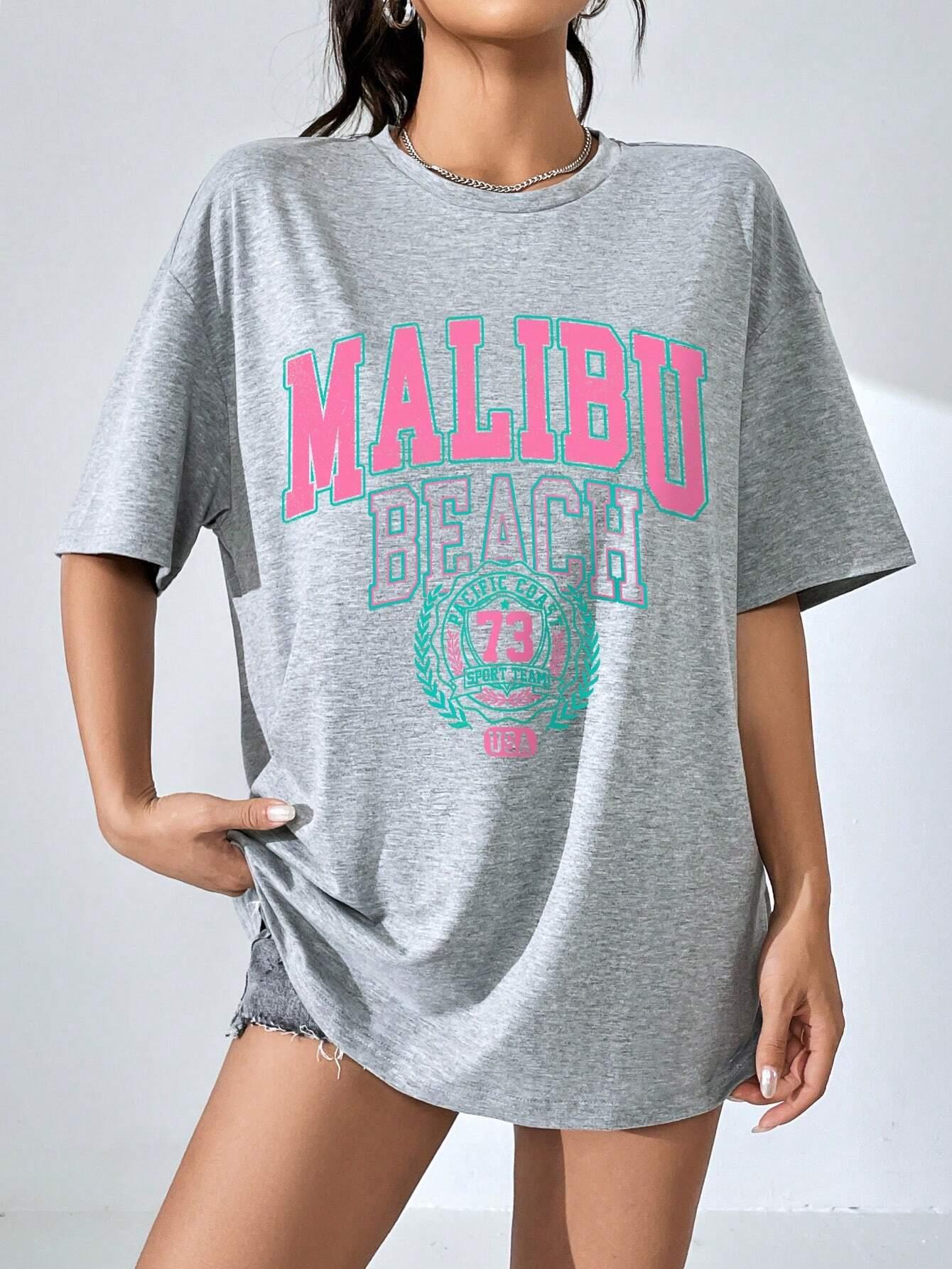말리부 비치 편지 인쇄 인쇄 여성 티셔츠 스트리트 캐주 - Summer Clothing Brands For Women 리뷰 및 가격