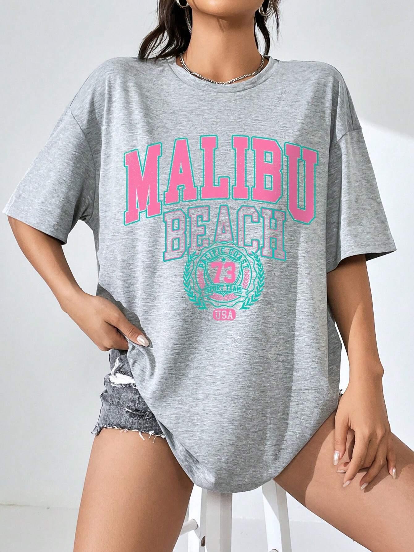 말리부 비치 편지 인쇄 인쇄 여성 티셔츠 스트리트 캐주 - Summer Clothing Brands For Women 리뷰 및 가격
