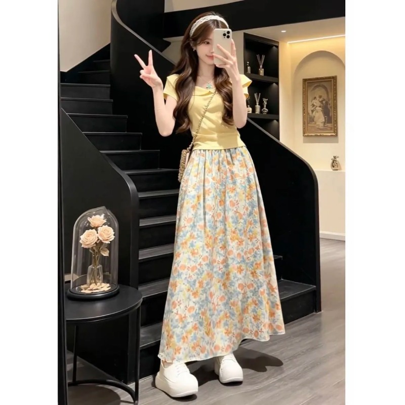일본 한국 여성용 스위트 슬림 반팔 프린트 플로럴 스커 - Summer Clothing Japan 리뷰 및 가격