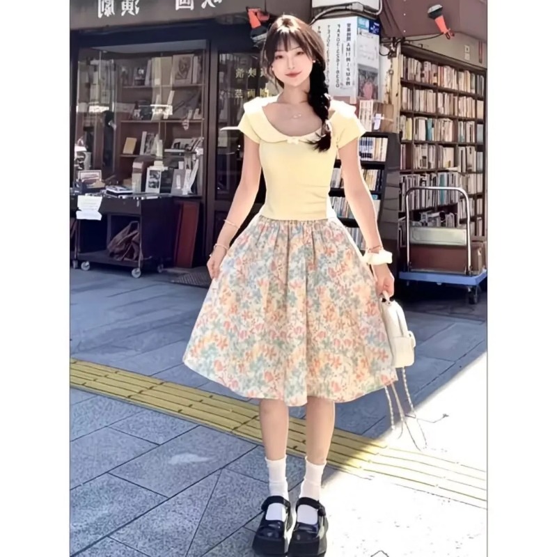 일본 한국 여성용 스위트 슬림 반팔 프린트 플로럴 스커 - Summer Clothing Japan 리뷰 및 가격